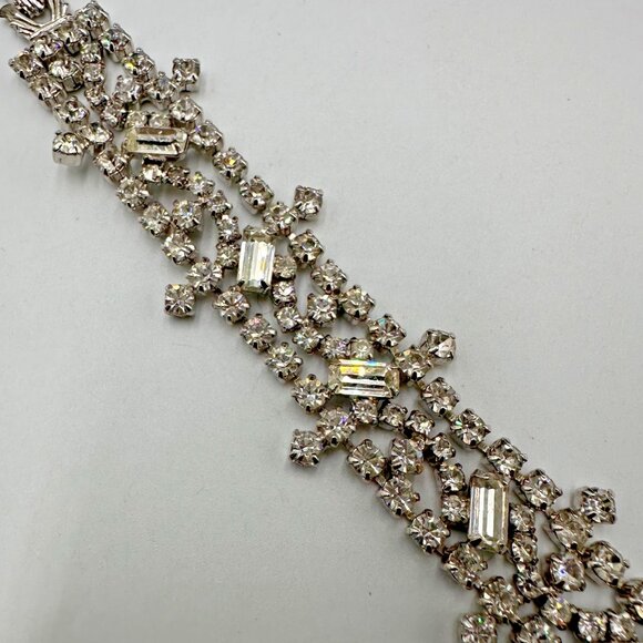 Vintage Rhinestone Bracelet Silver Tone Sparkling Crystal Statement Wide 7 Inch - Picture 5 of 11